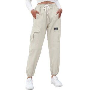 Sangtree Women's Cargo Pants with Elastic Waist & Drawstring in Beige and size M